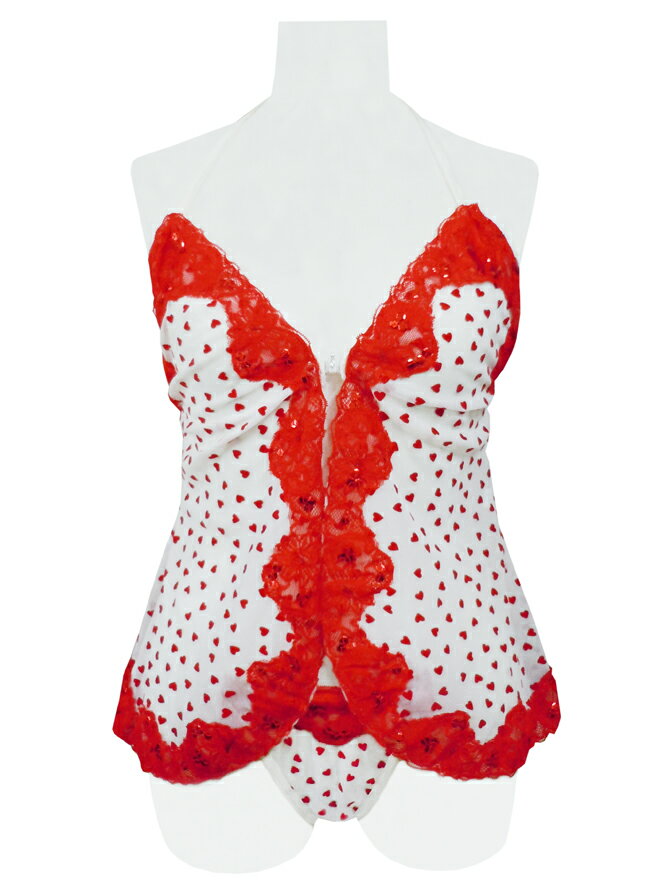 Leg Avenue レッグアベニュー ホルタネック タンガ セット 赤 白 ハート レース ベビードール セクシー 可愛い フロントホック ナイトウェアー T...