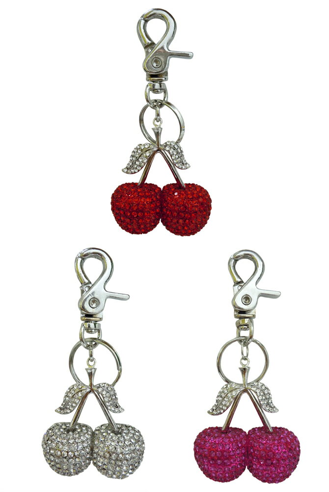 チェリー ラインストーン キーホルダー シルバー 赤 フクシア ピンク クリア さくらんぼ 果物 フルーツ 豪華 キラキラ バッグチャーム可愛い 大人 お洒落 プレゼントのサムネイル
