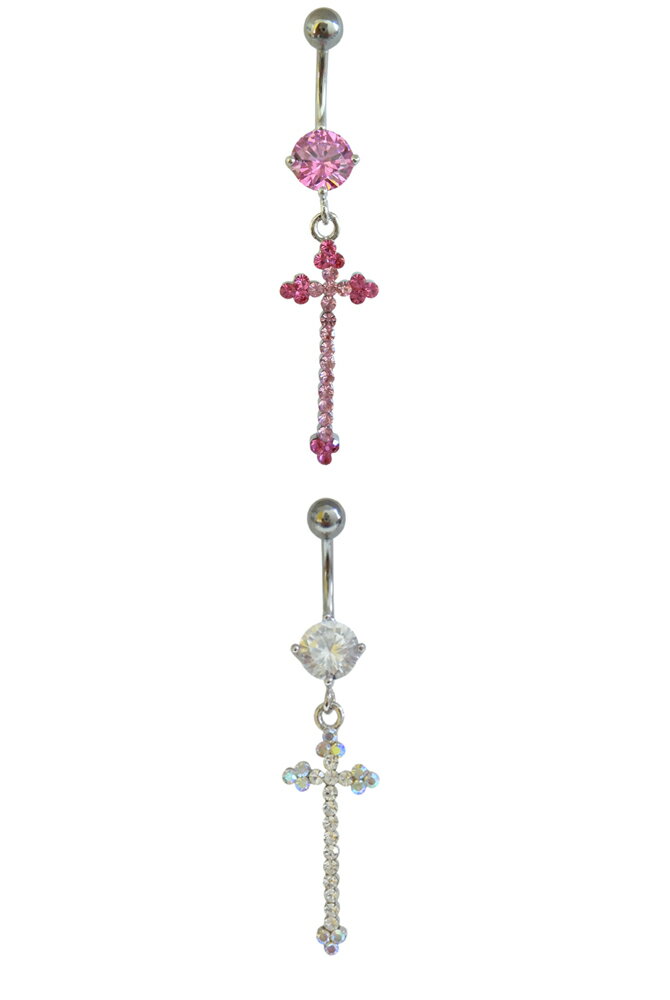ボディピアス へそピアス クロス ムービング ラインストーン ピンク クリア 七色 レインボウ シルバー 十字架 キラキラ 可愛い 耳 バナナバーベル