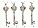 Key ネックレス 8 鍵 ハート ラインストーン 赤 ピンク 紫 黄色 黄緑 水色 クリア 七色 シルバー キラキラ 綺麗 チェーン 安い ギフト プレゼント