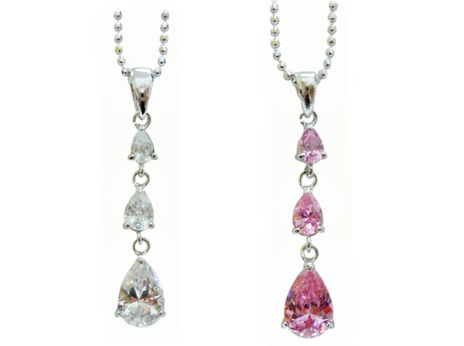 雫 ネックレス ラインストーン ピンク クリア シルバー 涙 三連 キラキラ 上品 エレガント 綺麗 チェーン 普段 パーティー ギフト プレゼント