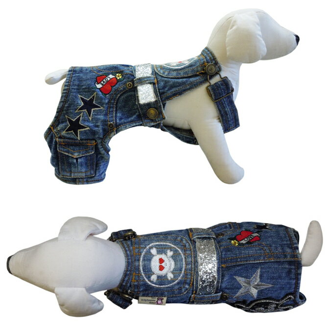 犬服 デニムオーバーオール スカル＆ハート刺繡 スパンコール 超小型犬 小型犬 ドッグウェアー S ハート 星 ズボン