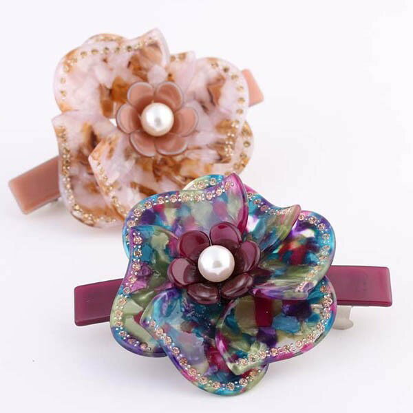 樂天商城 - マーブルカラー べっこう模様 フラワーバレッタ ラインストーン縁取り 花 パールビジュー 樹脂 髪留め ヘアアクセサリー (ベージュのみ)