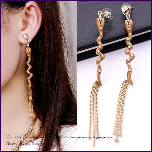 樂天商城 - スネーク 蛇 ロングピアス 揺れる タッセル フリンジ ラインストーン アンティーク風 レディースピアス