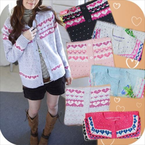 値下げ　あったかニットカーディガン　ハートプリント　丸襟　エスニック　ドット柄　ガーリーデザイン