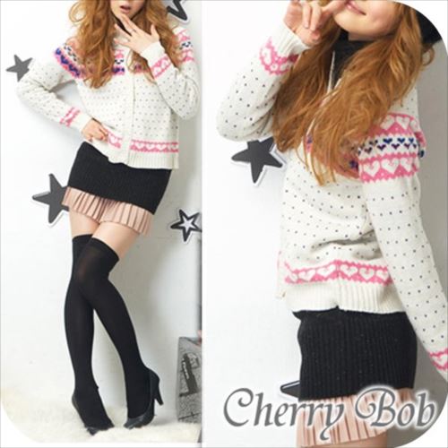 値下げ　あったかニットカーディガン　ハートプリント　丸襟　エスニック　ドット柄　ガーリーデザイン