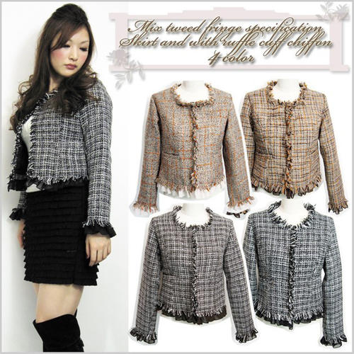 最終値下げ　ツイードジャケット　ノーカラー　フォーマルアウター　袖口シフォンフリル入り　大人フェミニン　(モカオレンジのみ)