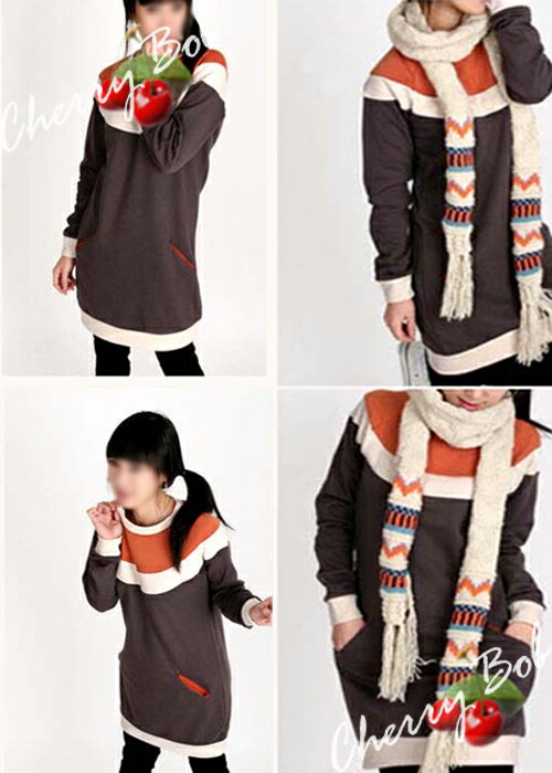 樂天商城 - カラー配色　カットソー　トレーナ　チュニック　ロング丈　トリコロール　部屋着 長袖　ラガー風デザイン