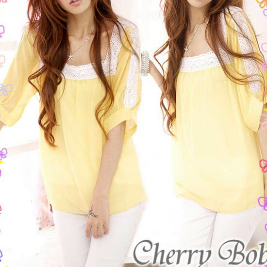 スクエアネック　シフォンブラウス　ゆったりスリーブ　5分袖　チュニック　パステルカラー　刺繍レースデザイン