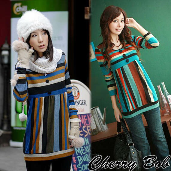 訳あり価格 チュニックワンピ カラフル配色 エスニックストライプ ニットタッチ素材 (ブルーボーダー)