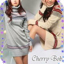 最終値下げ エスニック風 ゆきんこ ハイネックニットワンピ フォークロア感 ロング丈ニット セーター