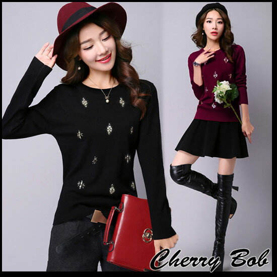 樂天商城 - 最終値下げ　薄手ニット　フェミニンニット　マルチビジュー　スパンコール飾り　装飾　ニットセーター　ラウンドネック