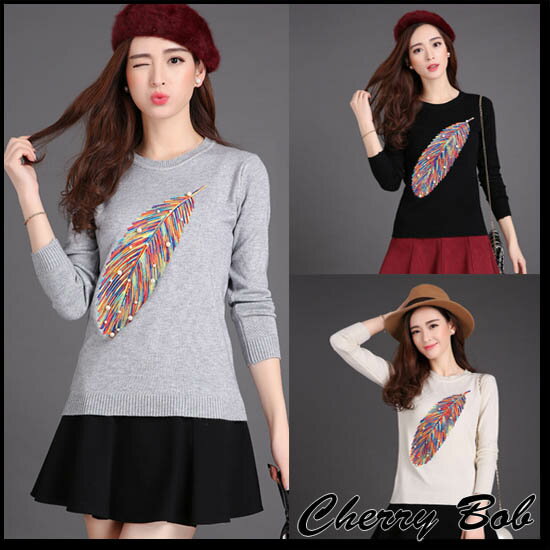 樂天商城 - 最終値下げ　薄手ふんわりニット パールビジュー 刺繍フェザー柄 ニット カシミアタッチ プルオーバー セーター 羽根 カラフル