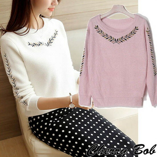 樂天商城 - 最終値下げ　刺繍ニット トレーナー風デザイン リーフ柄 フェミニン プルオーバー カシミアタッチ ハイゲージニット ふんわり柔らか