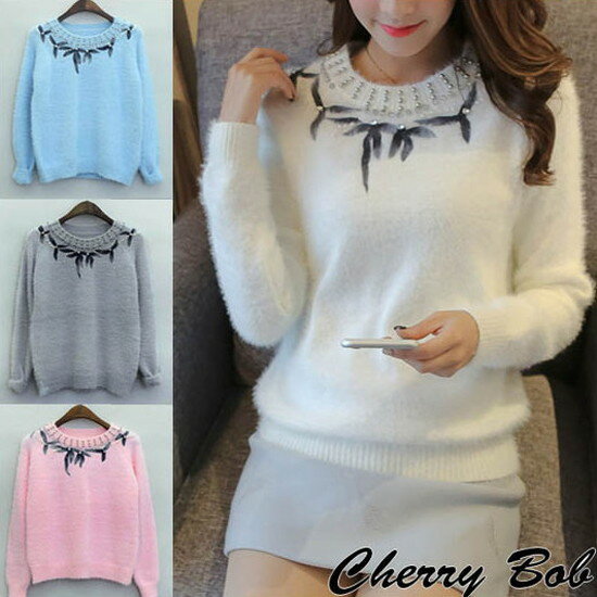 最終値下げ　シャギー調 フェザーヤーンニット ビジューニット 墨絵風リーフプリント セーター プルオーバー ラインストーン パールビーズ　フェミニンニット