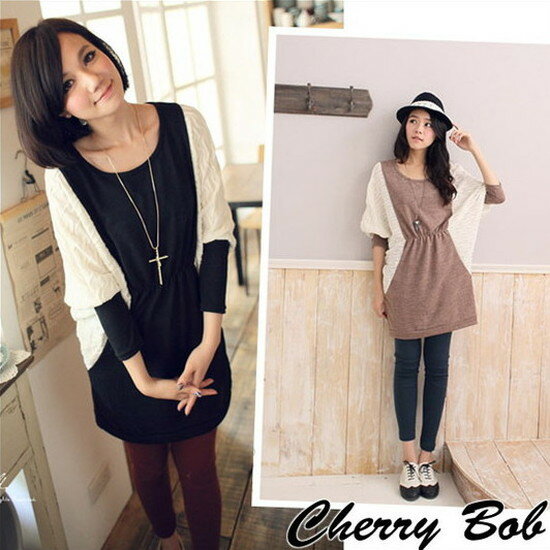 樂天商城 - 値下げ　切り替え配色　ゆったりサイズ　ドルマン　ニットソー　ウエスト絞り　ゆるサイズ　ビッグシルエット