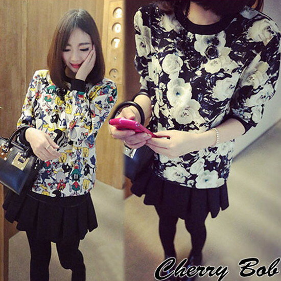 樂天商城 - ビンテージ　花柄　ポップカートゥーンプリント　ちりめんタッチ素材　厚手カットソー　トレーナデザイン　長袖　春秋カットソー