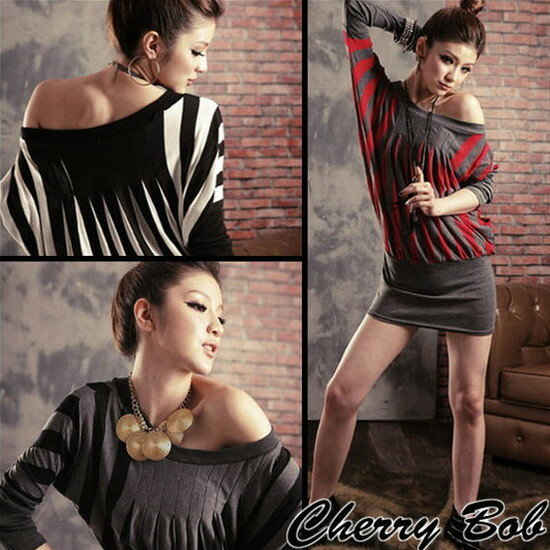 樂天商城 - 値下げ　プリーツ加工カラーライン・ボディコン風ドルマンカットソー