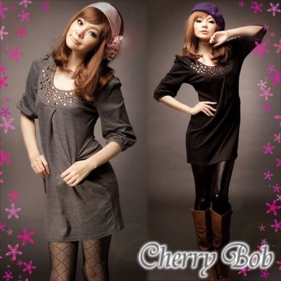 樂天商城 - 値下げ　きらきら スタッズ加工 5分丈 パフスリ　ワンピース クラシカルデザイン サックワンピ チュニック