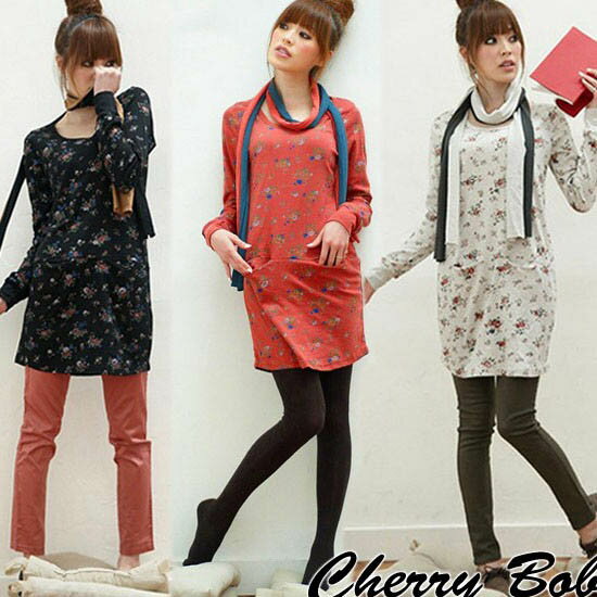 カットソーワンピース 長袖 Tシャツ素材 2色ストール付き レトロ 小花プリント チュニックシャツ