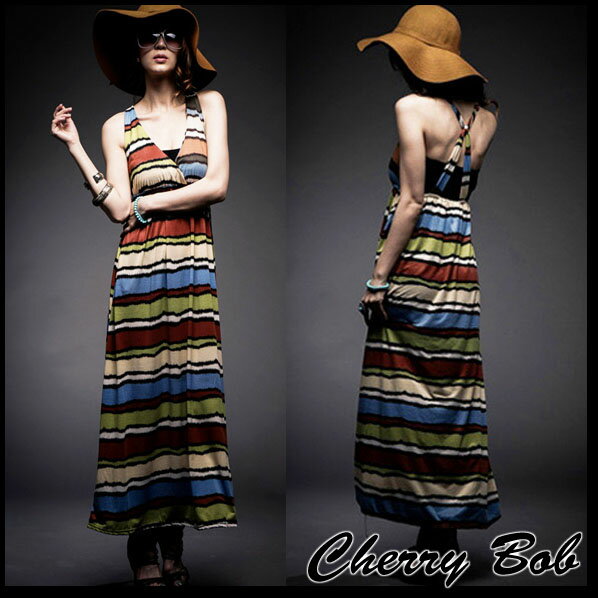 ラスト1点 カラフル ボーダー 背中見せ キャミ マキシワンピース 水着タッチ素材 涼しい エスニック 鮮やか