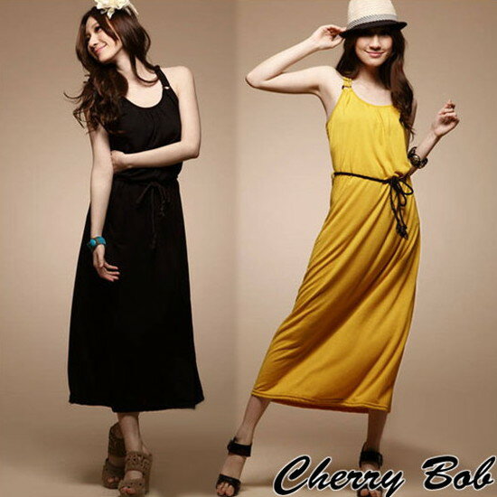 カットソー　マキシワンピース リゾート　セレブ風　無地カラー　リングストラップ　　(全2色)