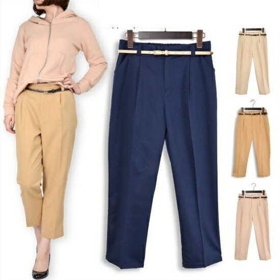 テーパードパンツ ツイル クロップド丈 ベルト付き チノパン オフィスコーデ