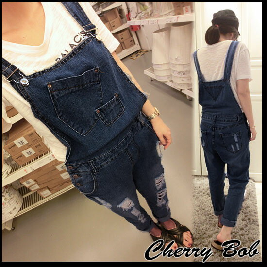 クラッシュ穴空きサロペットパンツオ...