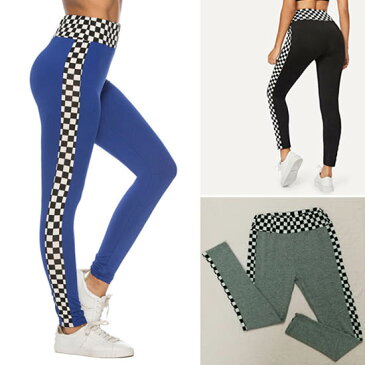 送料無料 チェック柄切り替え ストレッチ レギンス レギパン ヨガウェア スポーツ ジム カジュアルタイツ ウエストゴム ヨガパンツ