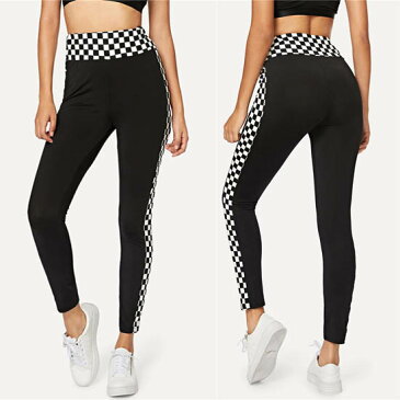 送料無料 チェック柄切り替え ストレッチ レギンス レギパン ヨガウェア スポーツ ジム カジュアルタイツ ウエストゴム ヨガパンツ