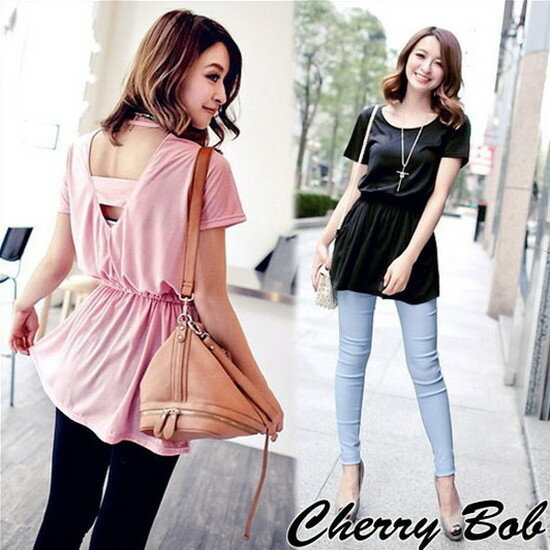 樂天商城 - 値下げ　背中見せTシャツ　ペプラム風　カットソー　ウエスト切り替え　シンプル無地　プルオーバー