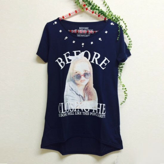 ガールズ　美女プリント　チュニックTシャツ　フォトT　ビジュー入り　ロックスタイル