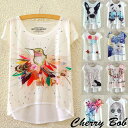 プリントTシャツ テールカットTシャツ 淡色 水彩画タッチ ネコ 猫 イヌ 鳥 風船 フラメンコ パンダ アニマル メルヘン柄 ポップ にじみ ふんわりイラスト 17ss (全14柄/Lサイズ)