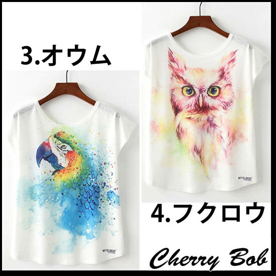 プリントTシャツ ネコ　鳥　アニマルプリント　水彩画タッチ　Tシャツ　ポップ　カ...