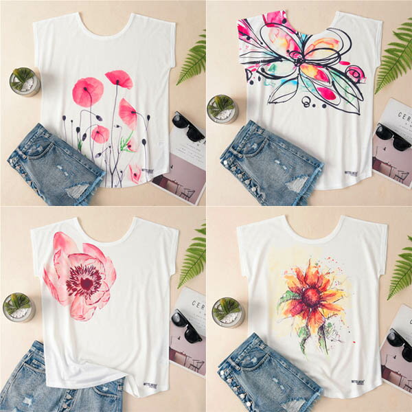 樂天商城 - プリントTシャツ 水彩花柄 ゆったりサイズ 薄手Tシャツ フラワー ボタニカル ひまわり 色鉛筆画 白T ヨガウェア 部屋着 半袖カットソー Lサイズのみ