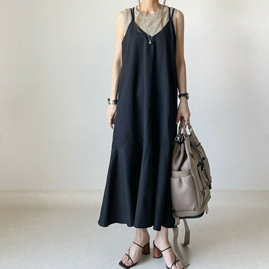 ツイル ワンピース レディース キャミワンピ ロング アシンメトリー ナロー ブラック 春 夏