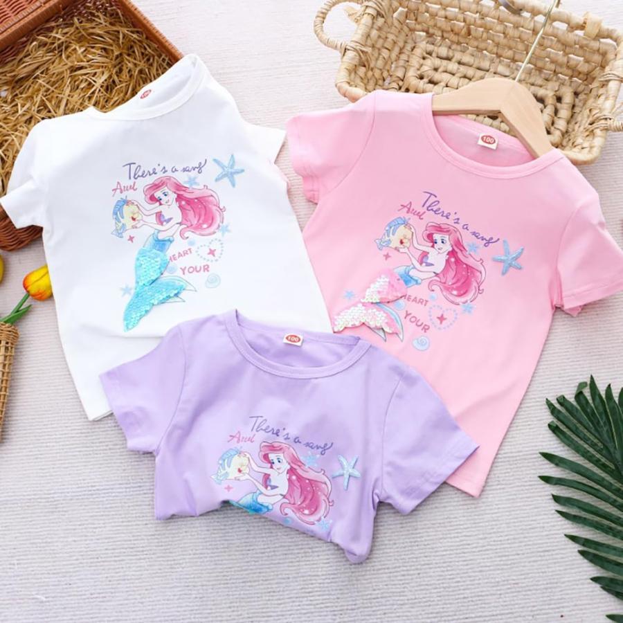 乐天商城 - アリエル半袖tシャツ キッズ プリンセスtシャツ マーメイド 子供服 スパンコールtシャツ 綿 スウェットシャツ 夏服 オシャレ ガールズ 100?140センチ