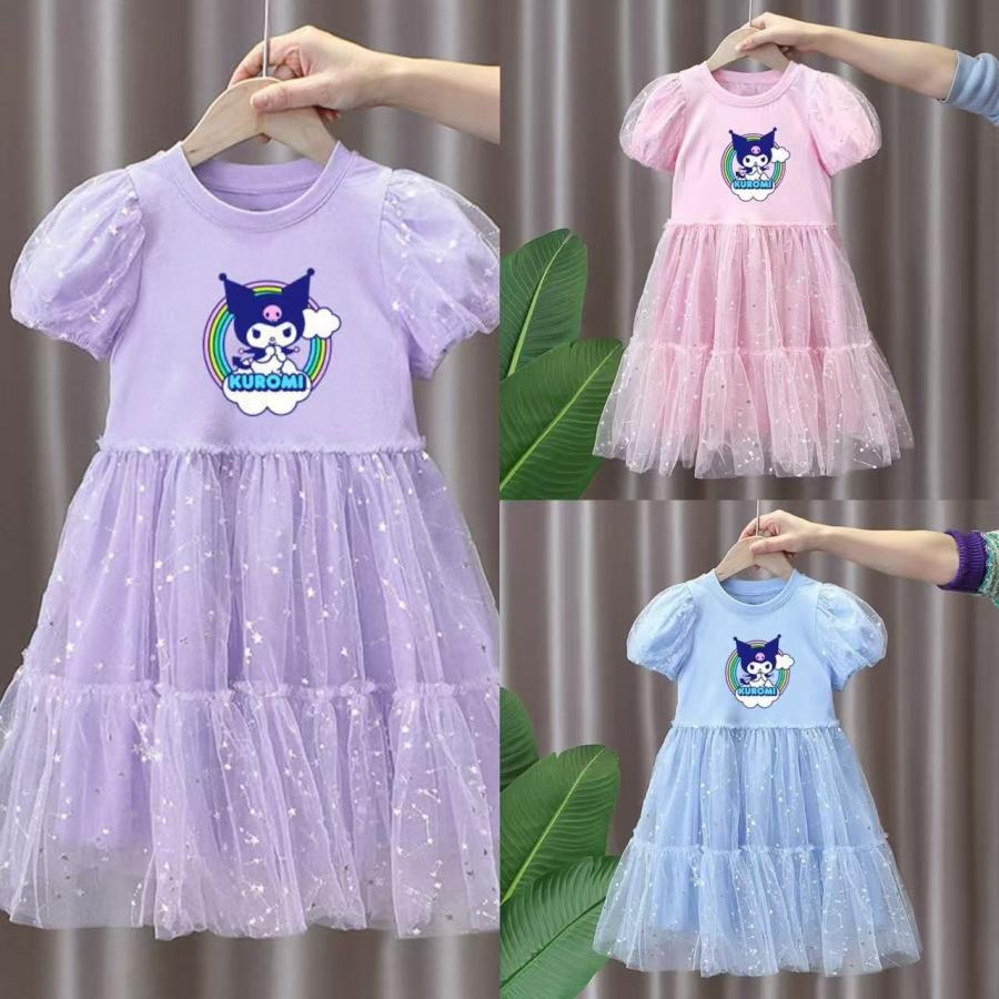 乐天商城 - クロミ 子供服 ワンピース プリンセスドレス 女の子 夏服 半袖 パフスリーブ チュール ふわふわ かわいい おしゃれ 誕生日 発表会 プレゼント90-150cm