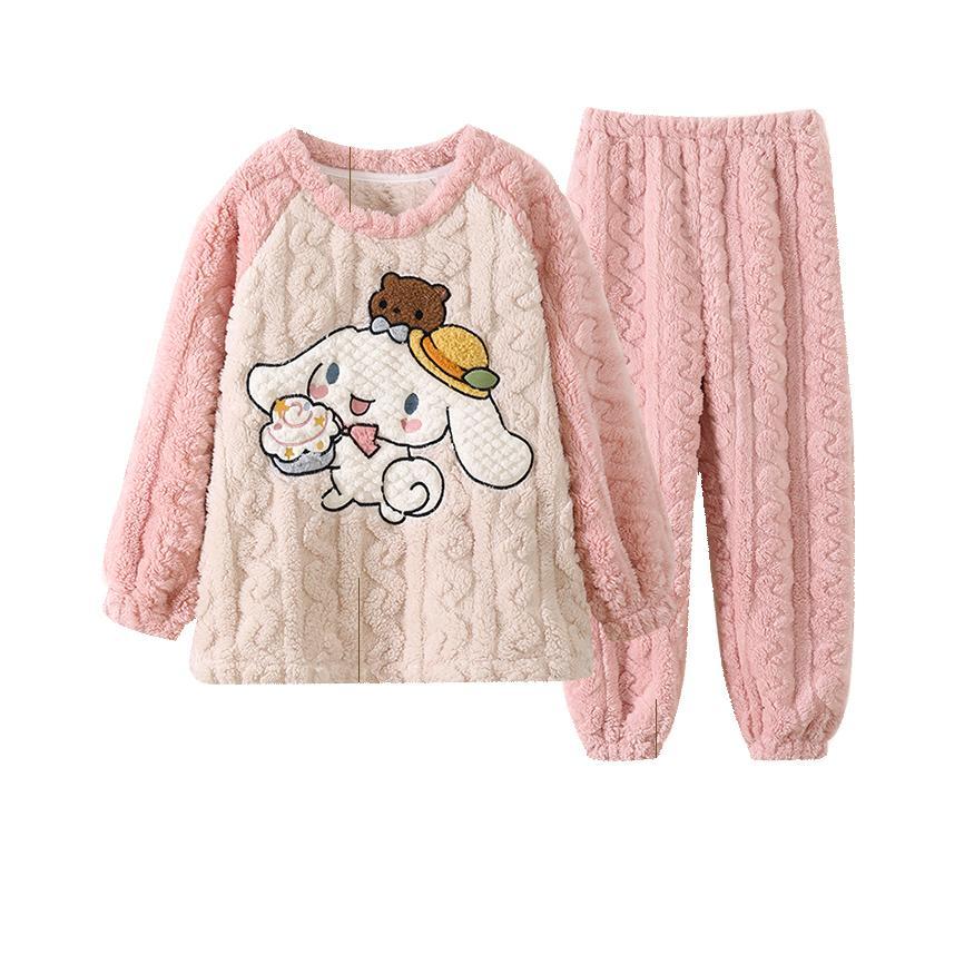 乐天商城 - シナモン プリン キティ 子供用 パジャマ ルームウェア 秋冬 キッズ 上下セット 部屋着 厚め もこもこ 保温防寒 可愛い キャラクター 柔らかい ガールズ　ピンク