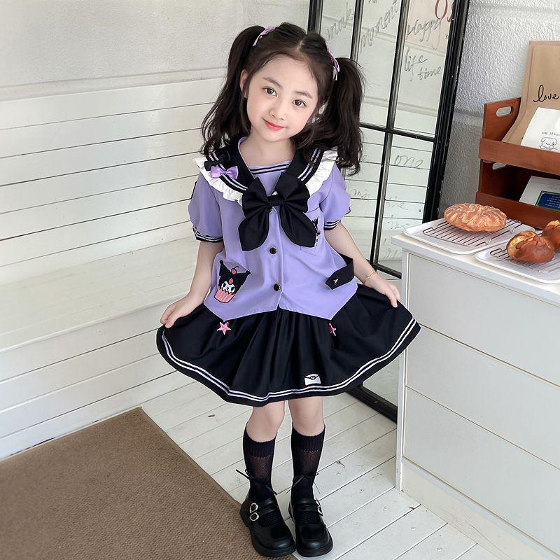 乐天商城 - クロミちゃん ワンピース キッズ服 半袖トップス+スカート夏服 ミニスカート 女の子 上下セット 韓国 子供服 春セーター 学院風 制服 入学式 韓国風 可愛い