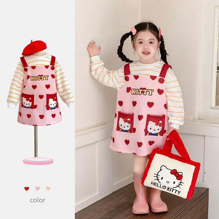 乐天商城 - キティちゃん ワンピース 韓国風 女の子 オーバーオール ワンピース セーター カレツ 誕生日 プレゼント お出かけ服 ハード 可愛い 旅行服