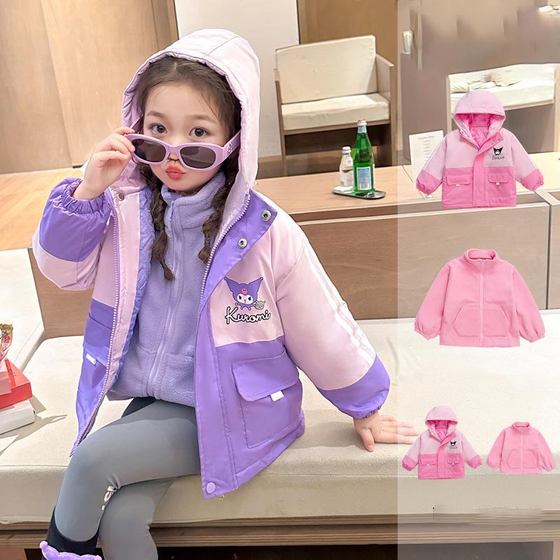 乐天商城 - クロミちゃん マイメロ 秋冬服 子供服 ジャケット コート 子供 女の子 キッズ 前開き 裏ボアあり フード付き かわいい ピンク 紫 上着 アウター カジュアル