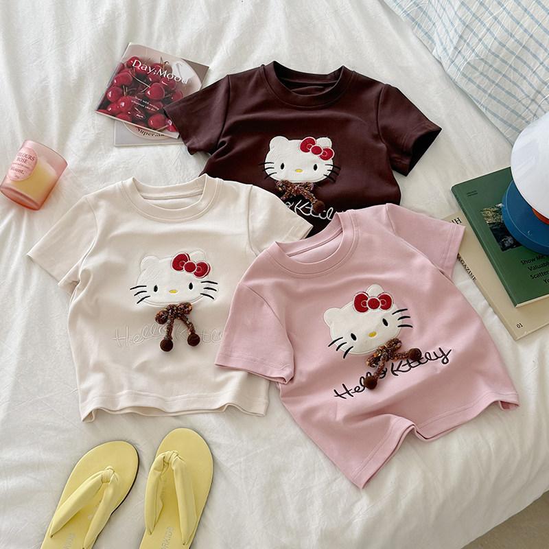 乐天商城 - キティ 子供服 Tシャツ 半袖 女の子 刺繍 綿100% 柔らかい 通気性 吸汗速乾 夏服 2026新作 かわいい おしゃれ 通園 通学 普段着 誕生日 プレゼント ギフト