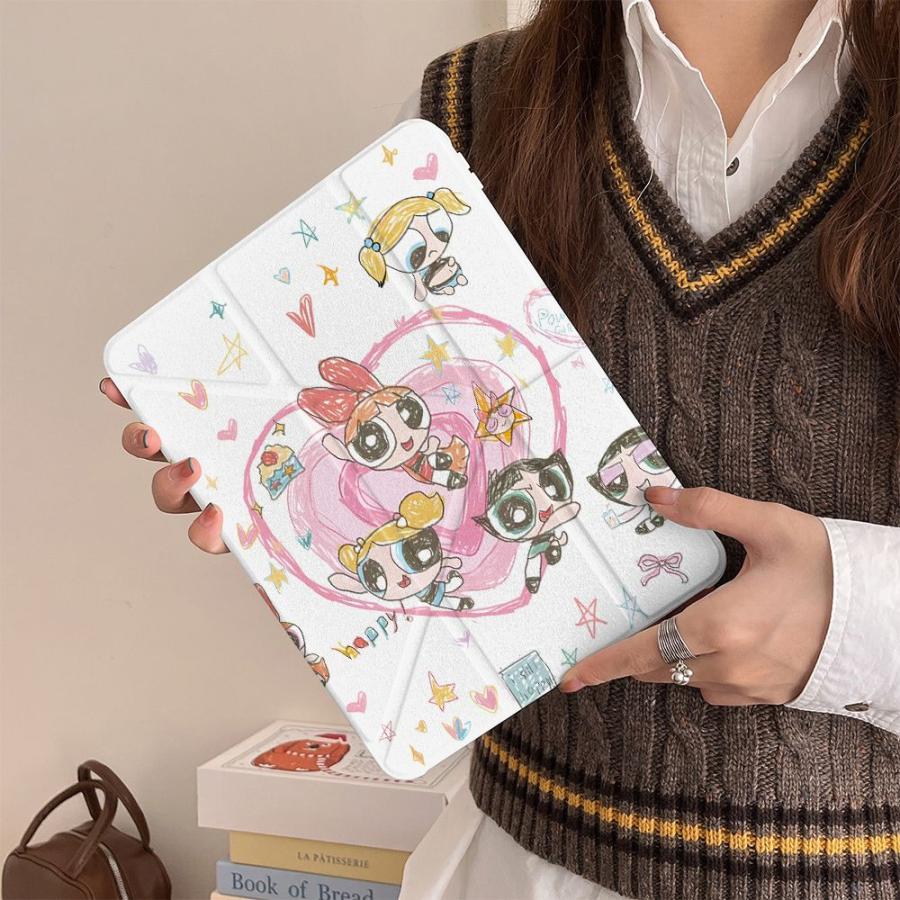 iPad 케이스 파워 퍼프 걸스 아이 패드 커버 수첩 형 보호 커버 스탠드 기능 첨부 오토 슬립 마그넷 첨부 전 기종 대응 여자 선물 선물