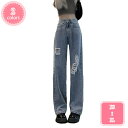 ロングパンツ デニムパンツ レディース ゆったり ジーンズ ダメージ加工 ファッション ワイドパンツ 膝壊れ 個性 ストレートパンツ 原宿系 カッコいい ダメージ加工 韓国風 夏 着痩せ ハイウエスト YJSO(4)