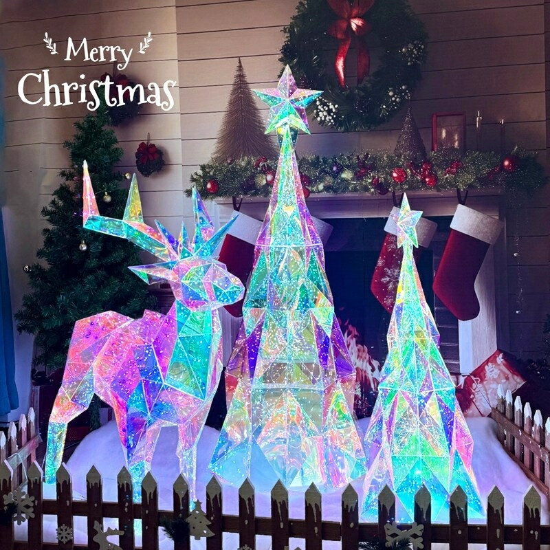 楽天スーパーSALE割引 クリスマス 虹色トナカイ ツリー 鹿 ディスプレイ プリズム 店舗 装飾 柵 バー ウィンドウ ディスプレイ 看板 電飾 雰囲気演出 インテリア クリスマスツリー キラキラ