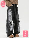 ワイドデニム メンズ ワイドパンツ デニム ダメージ加工 メンズ ジーパン ジーンズ デニムワイドパンツ Gパン ダメージ 太め ゆったり 体型カバー YJSO