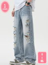 バギー デニムパンツ メンズ ワイドパンツ アメカジ ジーンズ ストリート ビンテージ ゆったり ストレート ヒップホップ ボトムス ズボン ウォッシュ ダメージ加工 大人 おしゃれ YJSO
