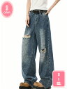 ワイドパンツ メンズ デニム ストリート ジーンズ ワイド ルーズ バギーパンツ ダメージデニム ジーパン 父の日 YJSO
