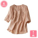 tシャツ レディース 5分袖 大きいサイズ ゆったり 綿 麻 通気性 シャツ Vネック シンプル お洒落 ブラウス 通気性 カジュアル トップス お出かけ 通勤 通学 日常着 民族風 着痩せ 体型カバー 女性 無地 白 春 夏 秋 YJSO